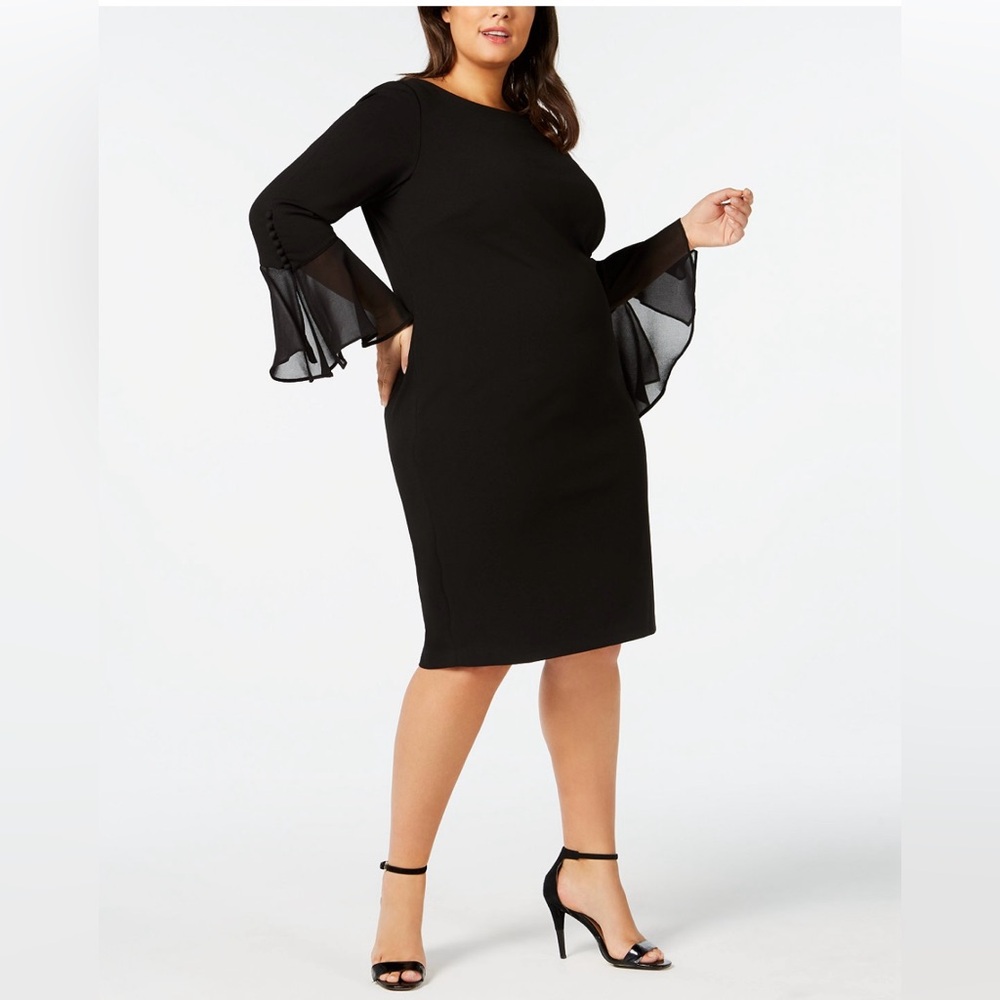 Calvin Klein Women’s Black midi Dress Bell Sleeve Sz 18W Gold Zipper Sheath